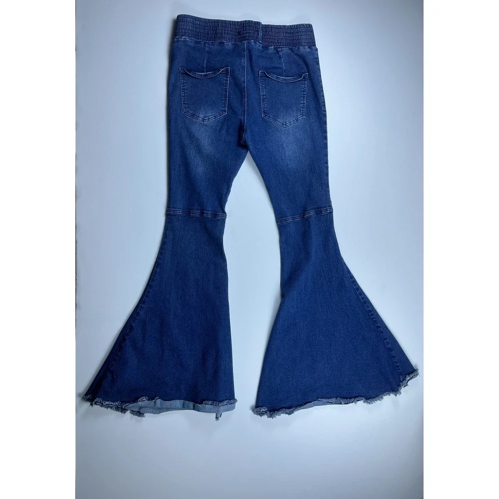 Turquoise Haven Womens Bell Bottom Jeans Medium Wash Smocked Waist Flare Size M